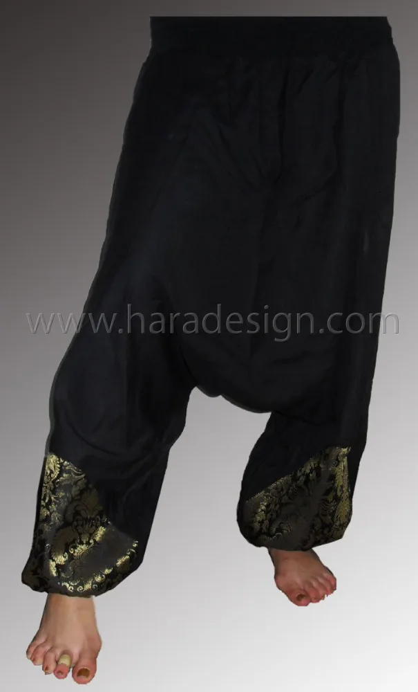 High quality Loose Harem Pants in Eco-friendly Bamboo Fabric with Black Brocade Designer Patch Work