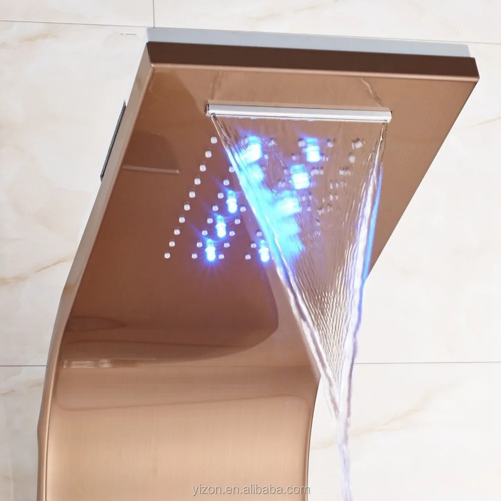 LED Shower Panel Column Rose Golden Waterfall Rain Shower Head Massage Tub Spout Hand Spray