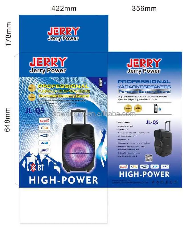 Jerry JR-Q5 karaoke speaker15 inch DJ rechargeable portable speaker