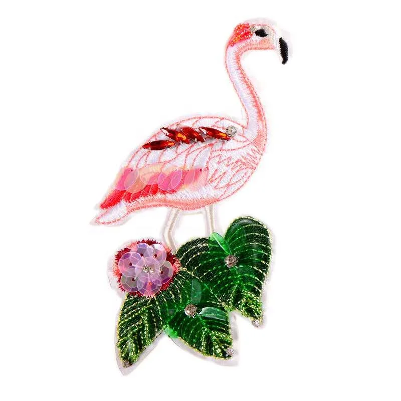 Decorative clothing patch  Hand Beaded Flamingo patches  Sequin bird patches