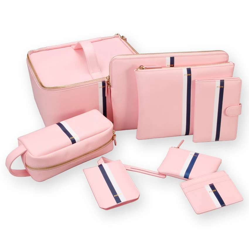 Factory Sale Pink Gift Set Series PU / Real leather Card Holder Handbag Luggage Tag Zipper Bag Holder Printing Logo Big Bag