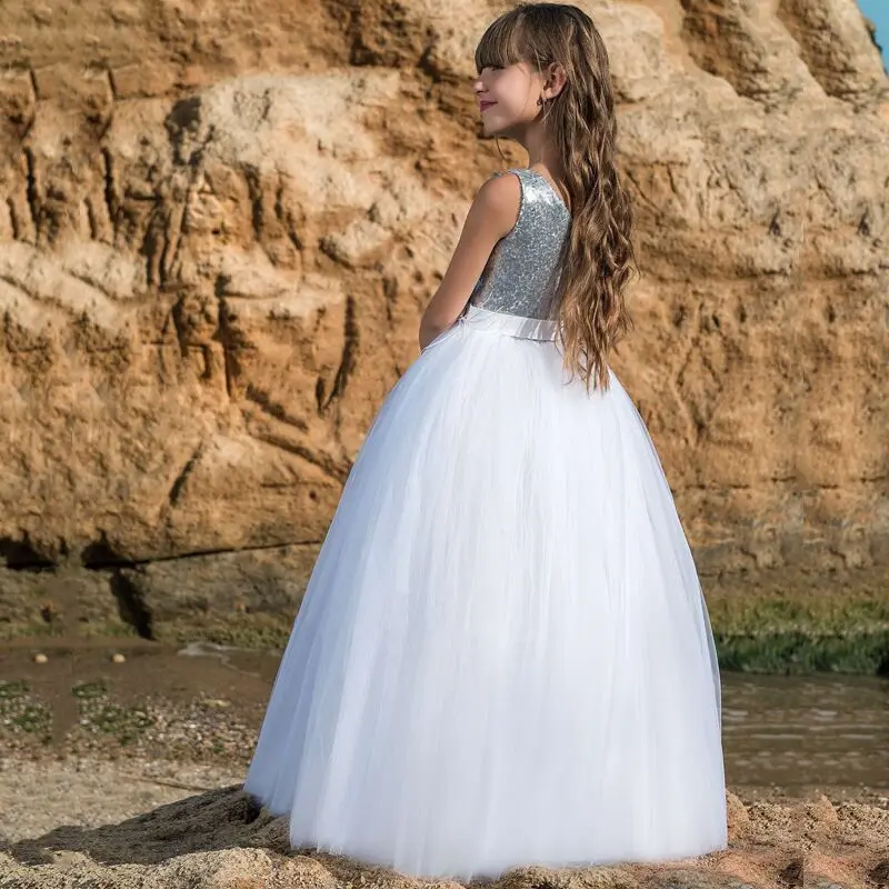 Formal sleeveless puffy wedding flower girls dress with Lace appliqued for prom princess long dresses