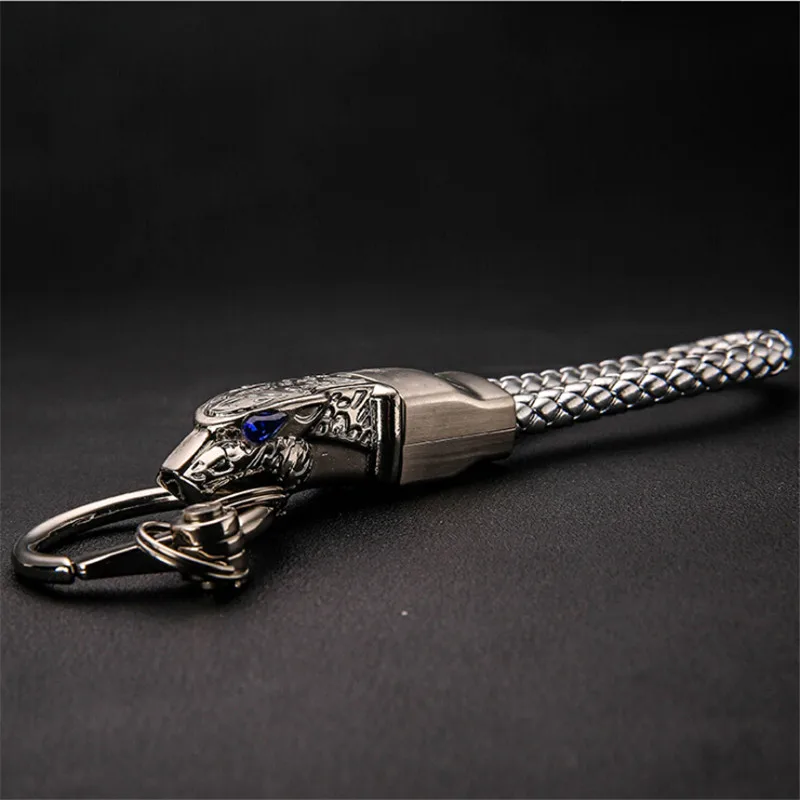 Leopard Head High - Grade Metal Key Ring - Blue - Drill Car Keychain Custom Key Chain Braided leather rope