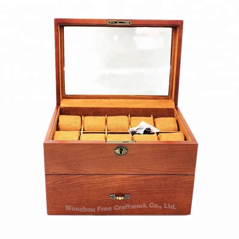 Factory Custom Luxury Solid Wood Watch Gift Box With Drawer Wooden Display Watch Storage Key Lock Box