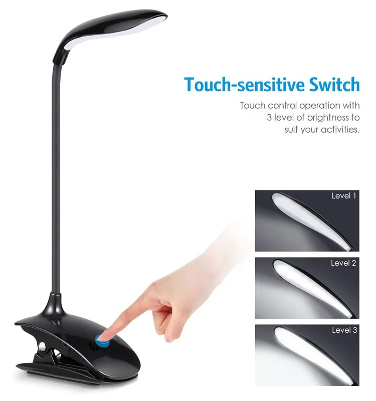Rechargeable 16 LED Book Light Clip on Reading Light Flexible Desk Lamp with Touch Switch 3 Levels Brightness Eye-Care
