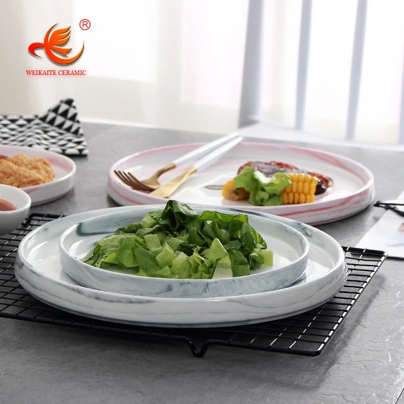 WKTP003 10 inches decorative marble surface pink porcelain ceramic serving dinner pizza charger round plate