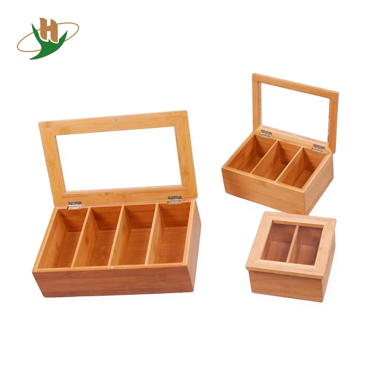 Natural living equally divided solid storage bamboo wood custom tea box with hinged clear lid