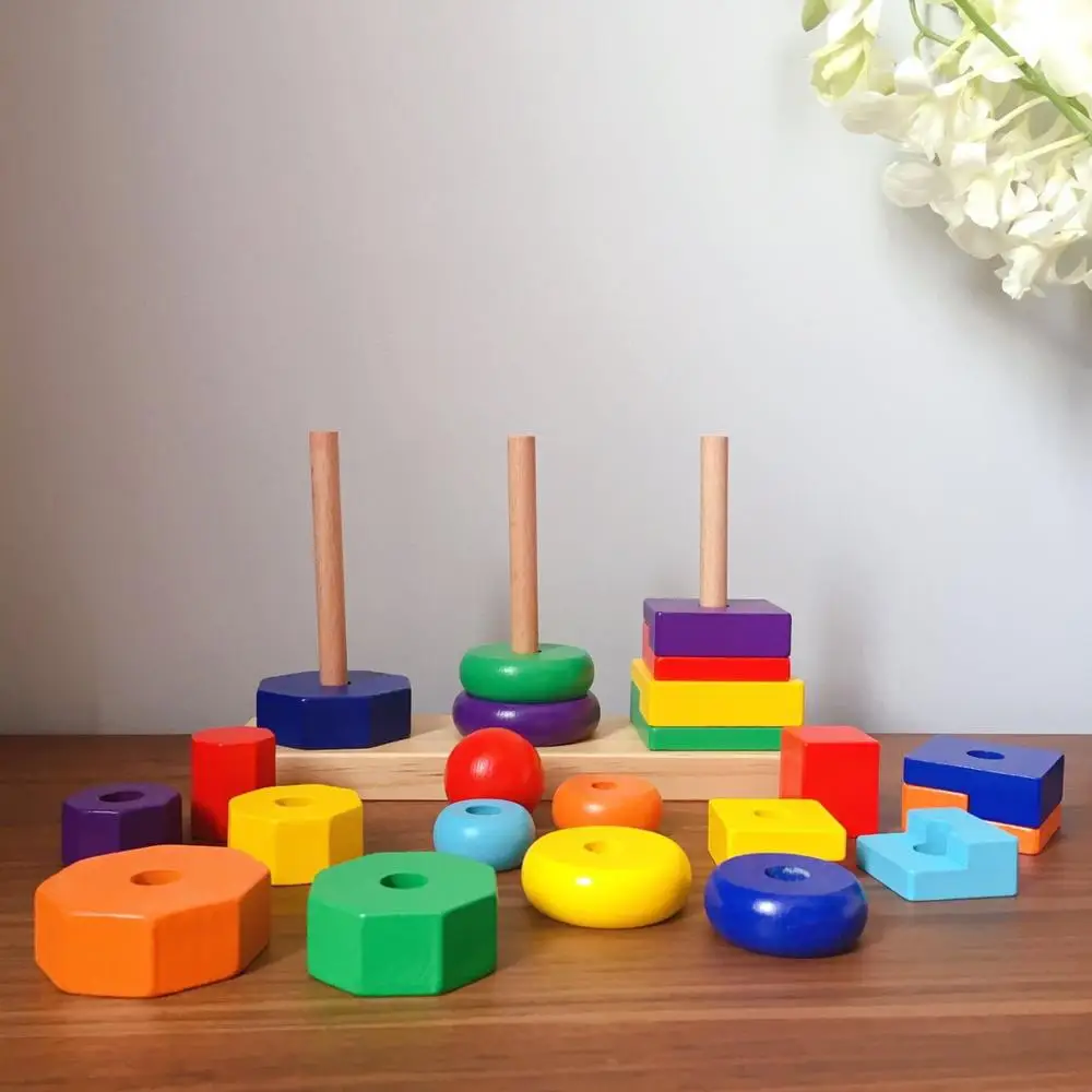 Geometric set column tower Mongolian early education teaching aids colorful building blocks wooden geometric toys for Kids