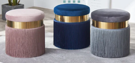 Purple velvet round ottoman gold plated with fringe