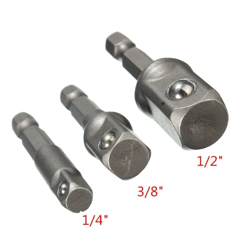 3PC Power Tool Accessories Hex Shank Sand Blasted Square Nut Driver 1/4' 3/8' 1/2' Square Nut Driver Extension Socket Adapter