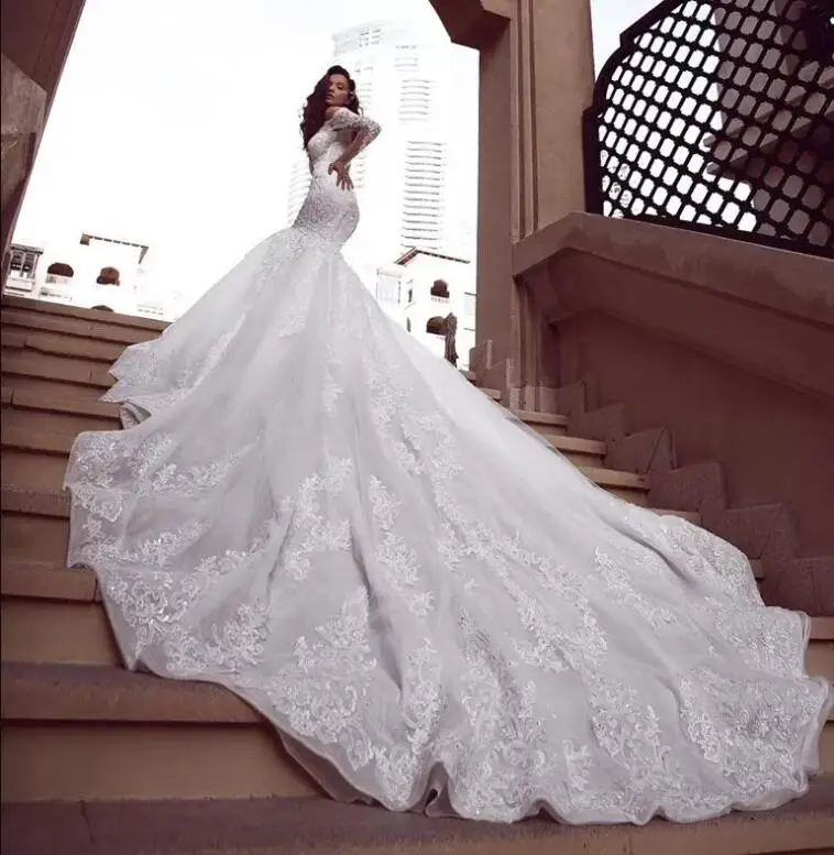 Girl Gorgeous Long Sleeve Mermaid Royal Train Dubai Wedding Dress
