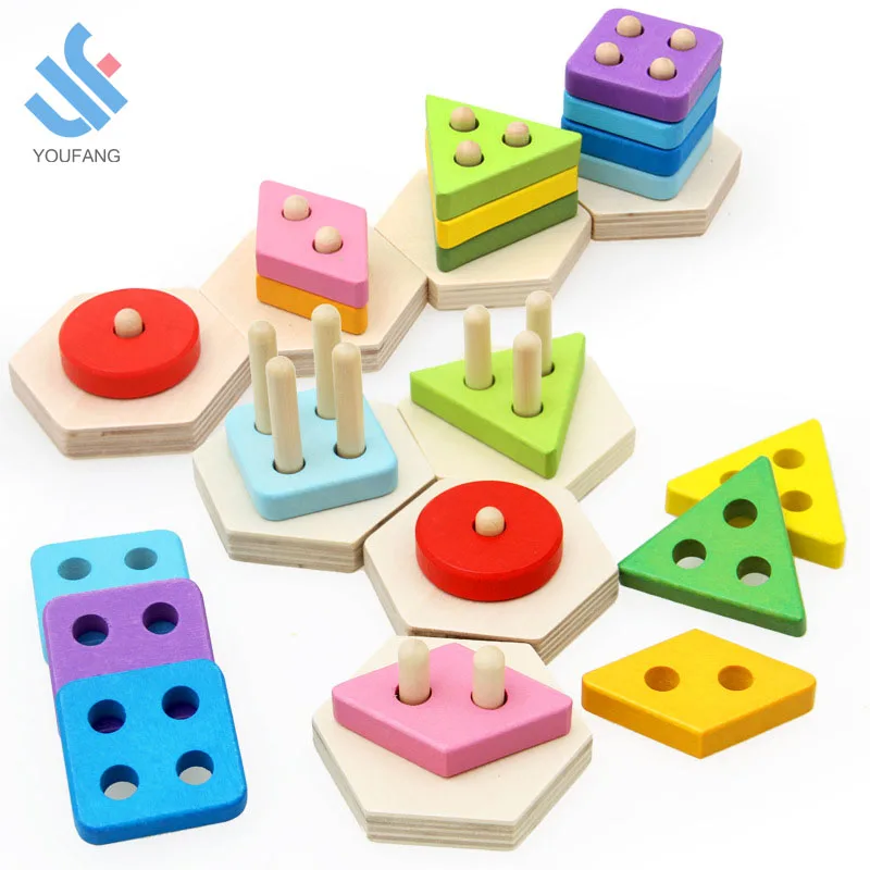 YF-Z6009 colorful wooden educational preschool toddler toys geometric shape color sorting puzzle stacking blocks toy