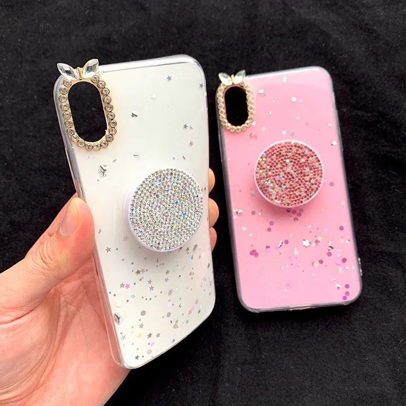 
Hot Sale Acrylic Case with Diamond Airbag Stand Holder Glitter Phone Case For Girls 