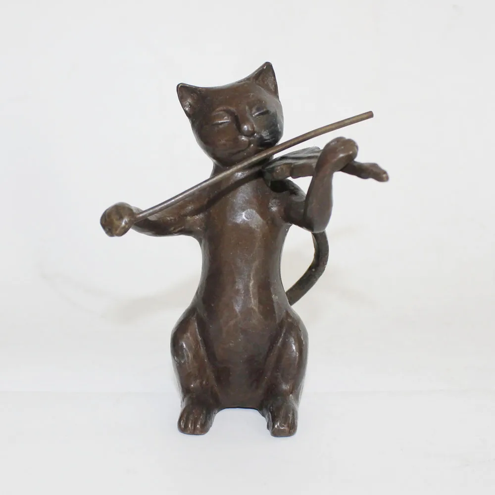 Bronze animal music sculptures/cats play violin figurines