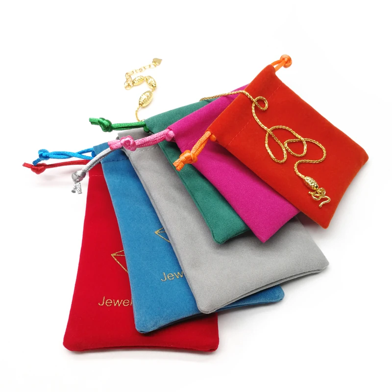 Custom logo printed colorful velvet jewelry pouch with double drawstrings