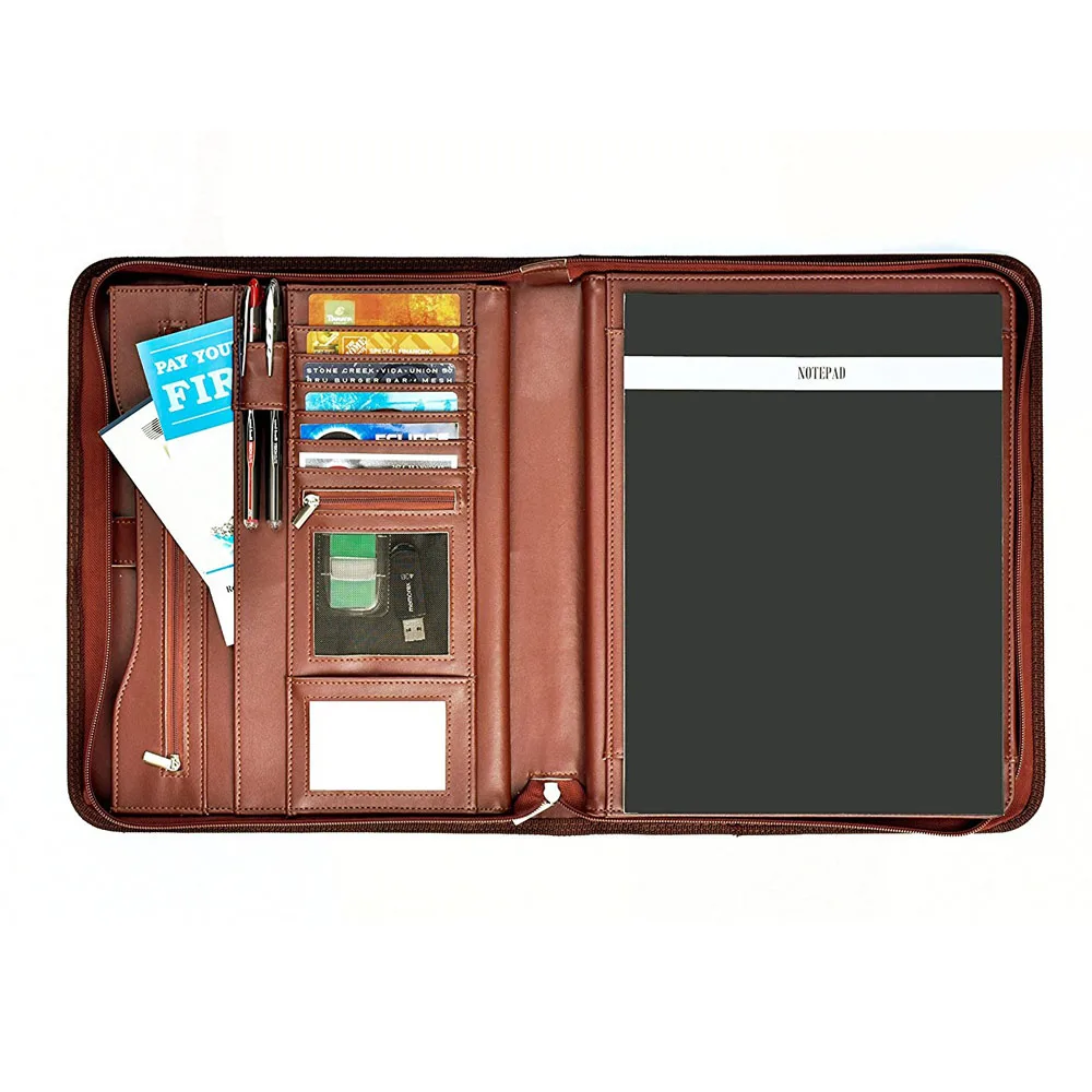 Customize A4 Stationery Portfolio 2017 Hot selling PU Leather Zipper Portfolio With Embossed Logo