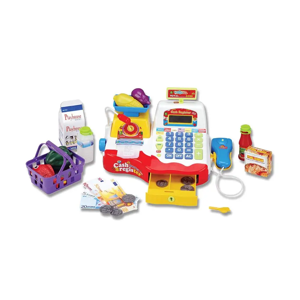 Supermarket Cash Register Play Set with Checkout Scanner, Weight Scale, Microphone, Calculator, Play Money, and Food