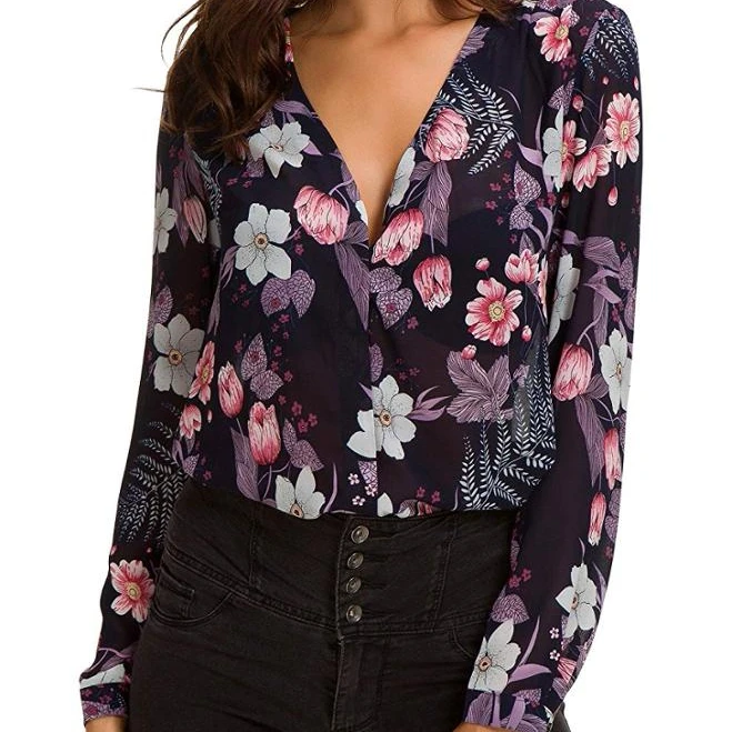 Hot Sale Fashion OEM Blouse Floral Printing Top Neckline Women Lady