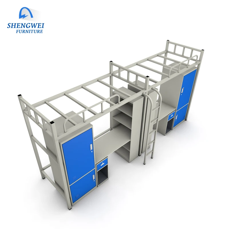 School modern design steel bed frame dormitory bunk bed with desk and wardrobe