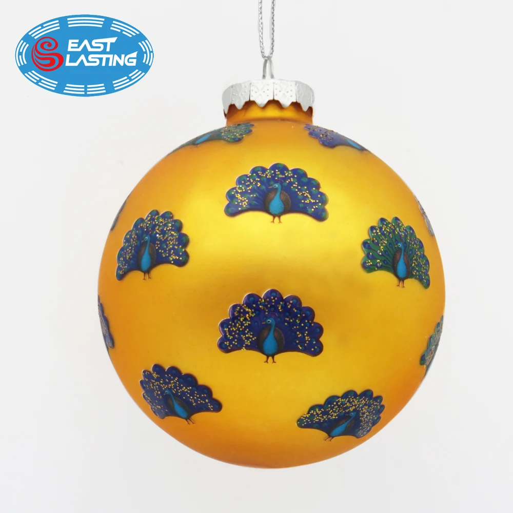 90mm DIY hand painted colored glass Christmas tree ball ornament with beautiful glitter peacock
