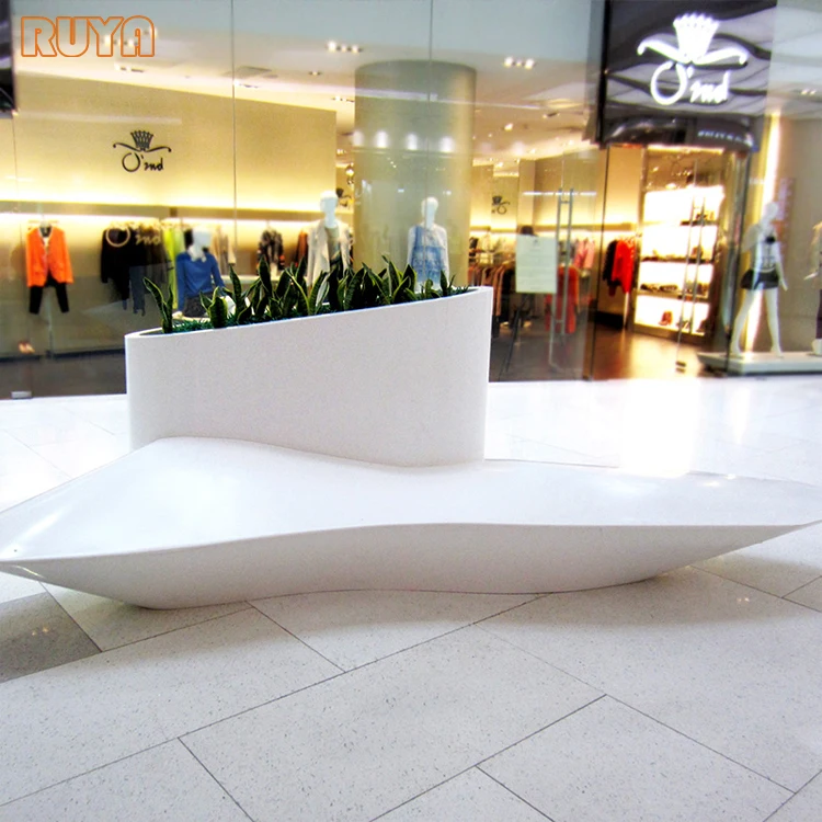 Fiberglass bench chair with mid planter pot for airport lobby decoration seating and waiting