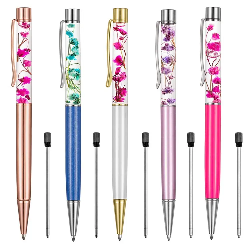 Dry Flower Ballpoint Pen,Dynamic Liquid Flower Pen,Black Ink Refill Ballpoint Pen Writing Stationery School