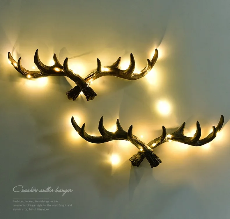 HOT PROMOTIONAL SMALL LONG SIZE WALL MOUNTED HOUSE DECORATIVE RESIN LED LIGHT TREE BRANCH DEER HORN DESIGN HOOK HOLIDAY GIFT