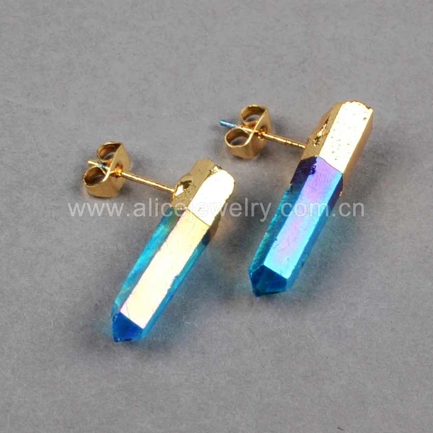 G0363 Good Quality Electroplated Stone Point Earrings, Stone Stud Earrings, Quartz Stone Earrings