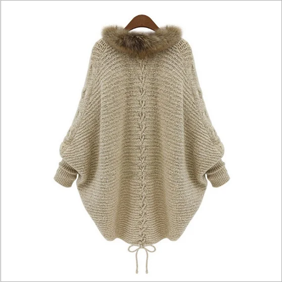 Wholesale Hot Sale Women Winter Fur Shawl Jacket Bat Sleeves Knitted Coat