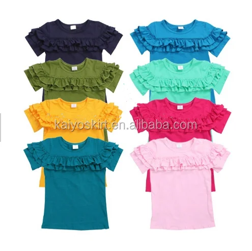 Summer boutique children ruffle clothing bulk latest tops designs solid girls shirts