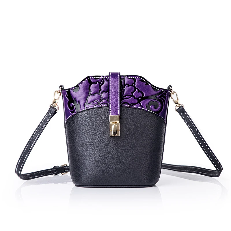 2020 New Fashion Korean Style Embossed Cowhide Leather Handbags Ladies Hand Bucket Bags For Women