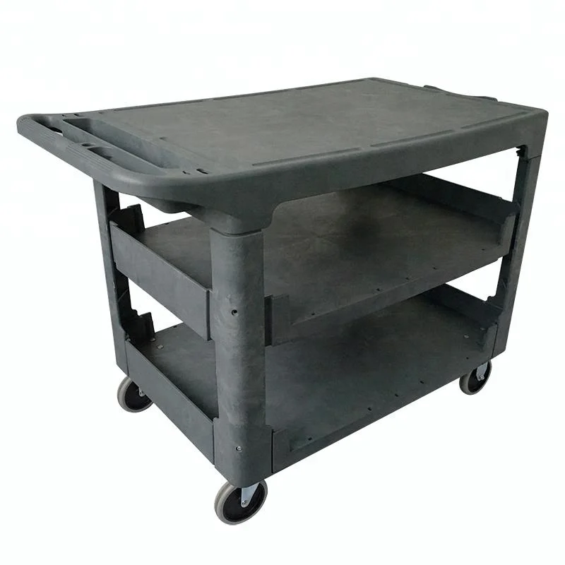 Пластиковая тележка с тремя поддонами и плоским верхом