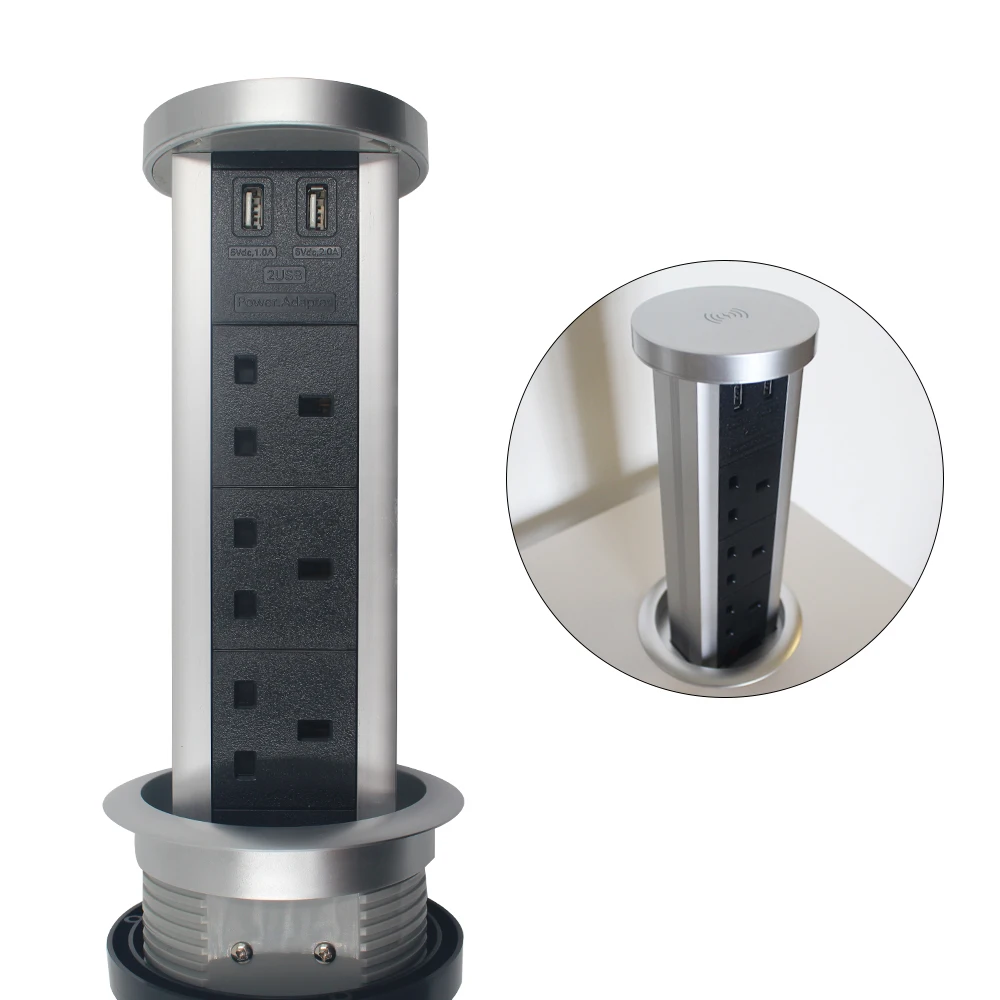 
3UK Plug & 2 USB intelligent wireless charing retractable power motorized tabletop desk smart pop up power strip 