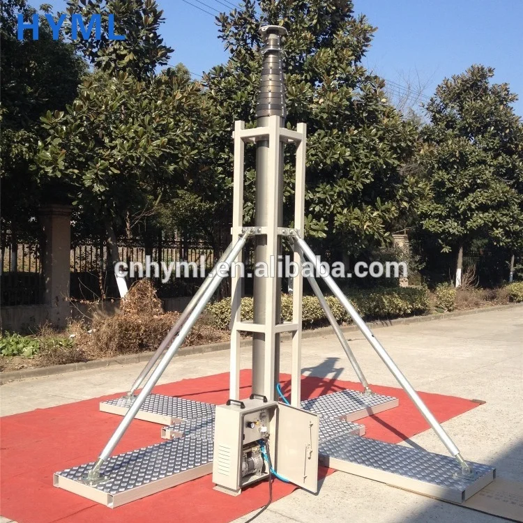 
The telescopic antenna mast with the protective steel frame 