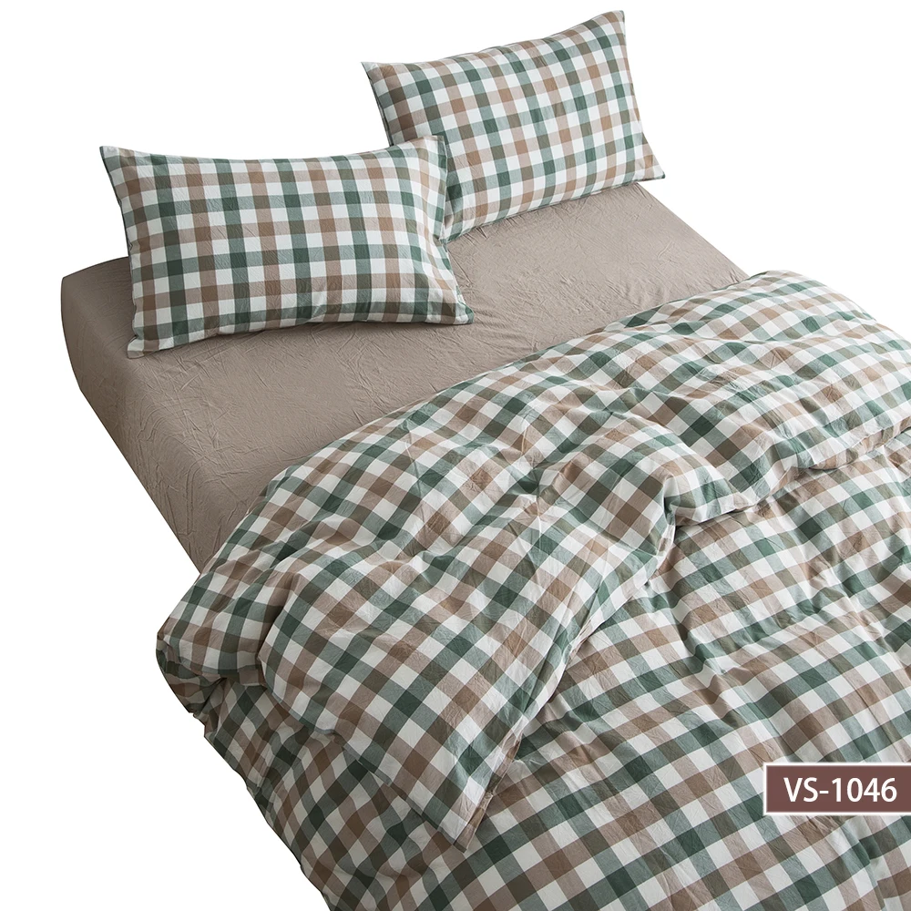 Simple Japanese style stone washed 100% cotton bedding linen in small check pattern