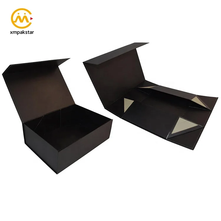 Custom logo black collapsible rigid cardboard foldable gift packaging box with magnetic lid