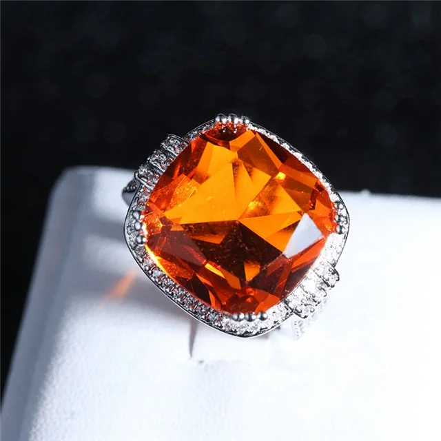 New 4CT Big Champagne CZ Stone silver Ring Large Single Orange Crystal Cut Luxury Ring party Women 925 Sterling Silver Jewelry