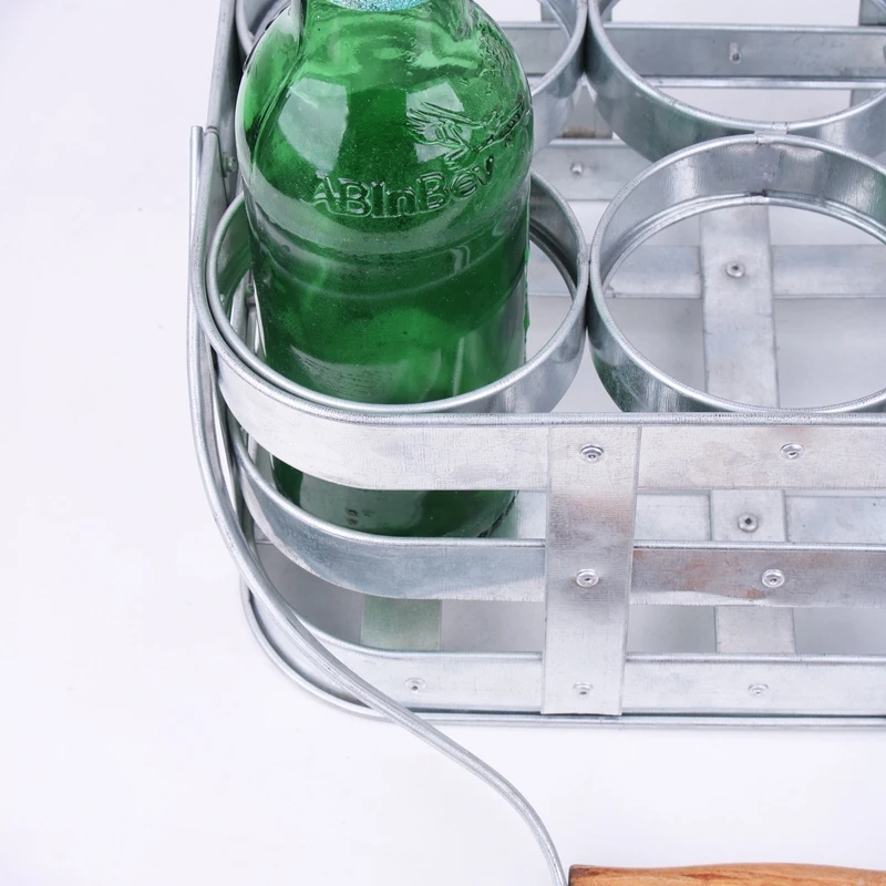 Galvanized Metal 6 Pack Beer Bottle Holder Metal Bottle Beer Carrier with Wooden Handle