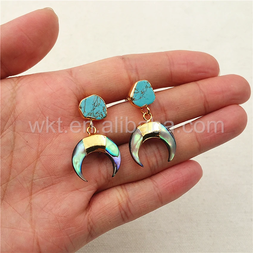 WT-E301 Newest Design Natural Abalone shell crescent horn Earring, 24k gold plated turquoise charm crescent horn earrings