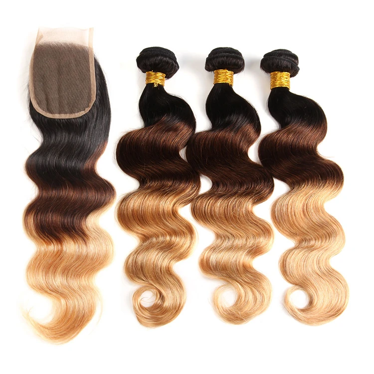 Factory Wholesale Fast Shipping Full Cuticle 100% Virgin Brazilian Ombre Hair Bundles With Lace Closure