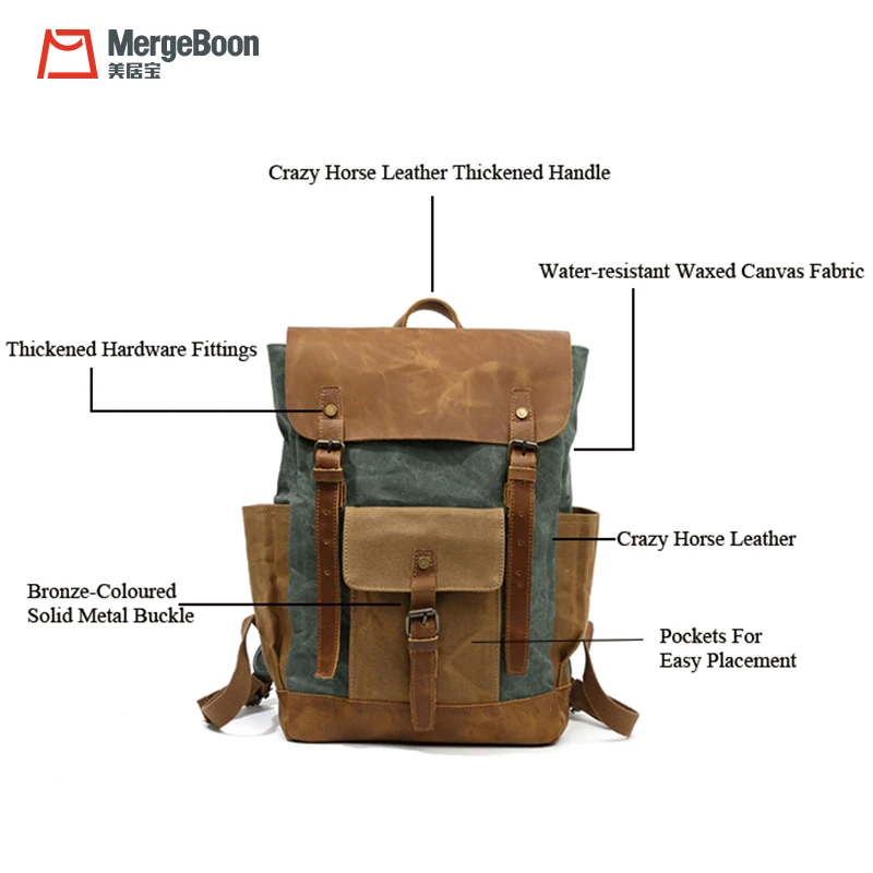 Unisex custom vintage waxed canvas genuine leather school backpack casual rucksack