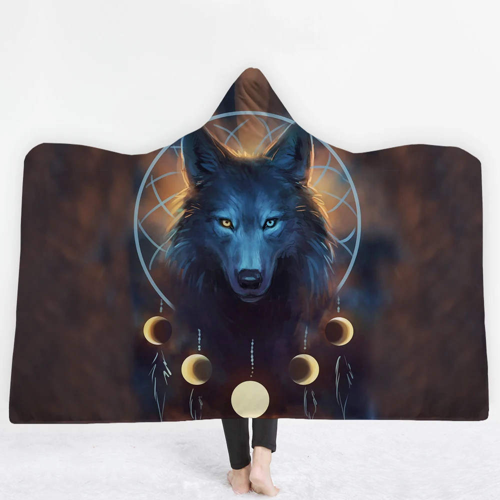 No MOQ Mystical Moon Night Wolf Animals Pattern Soft Cozy Fleece Wearable Blanket Soft Hoodie Blanket For Adult Men Women