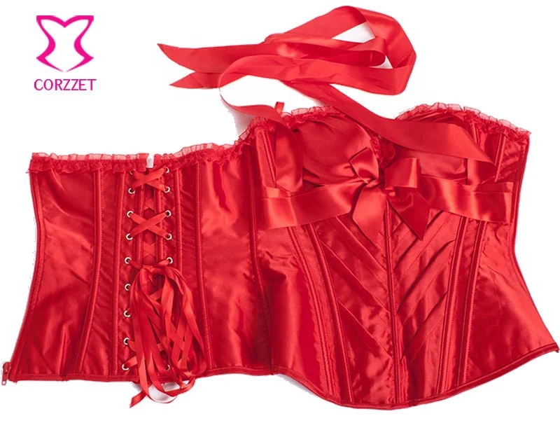 Corzzet Side Zipper Ribbon Halter Overbust Corset Top Front Bow Satin Bustier Lace Trim Bordered Women Christmas Sexy Red Outfit
