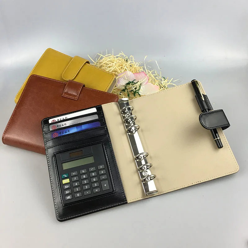 A5 size colors diary with calculatior, 6 holes ring bindercustom diary leather cover