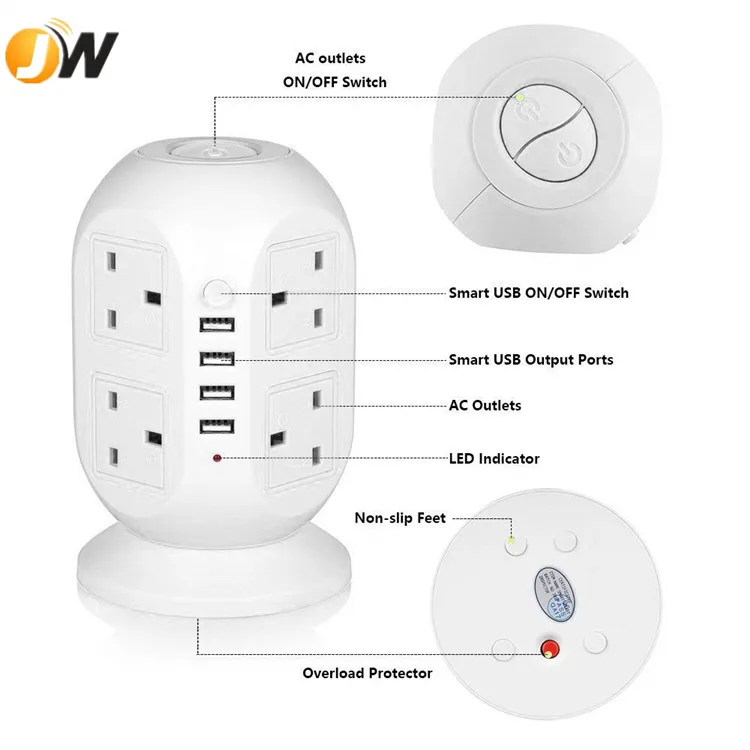 3M/9.8ft Extension Lead,4 USB Ports 8 Way Outlets Tower Power Strip Vertical Socket with Surge Protector Overload Protection