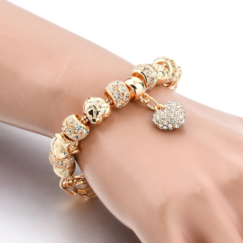 Murano glass beads gold  pendant bracelet with crystal heart pendant charm bracelet