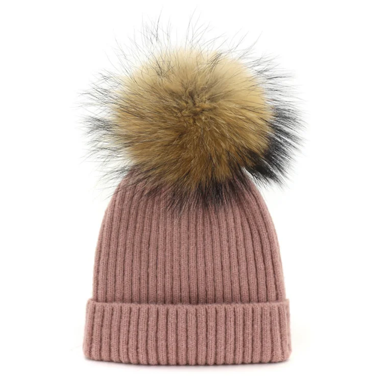 Custom real fur pom pom winter hat with detachable pompom beanie 100 soft acrylic ribbed beanie tuque