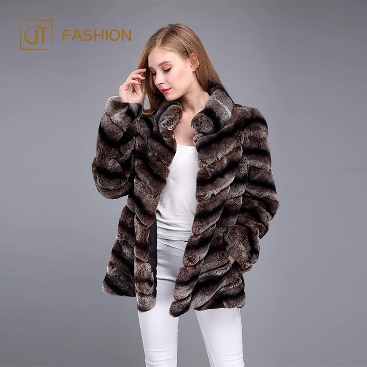 Top quality jtfur wholesale twill standing collar rex rabbit fur chinchilla women long coat