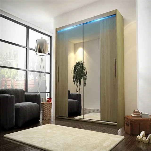 Oak Color Modern Bedroom Mirror Sliding Doors Wardrobe with LED Light