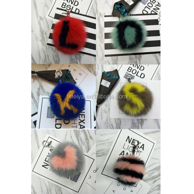 Karl Lagerfeld Design Alphabet Letter Real Fox Fur Pom Poms Key Chains